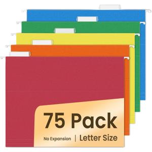 SUNEE Hanging File Folders, Assorted Colors - 75 Pack, Colored File Folders Letter Size with 1/5-Cut Tabs, Ideal for Organizing Home and Office Documents