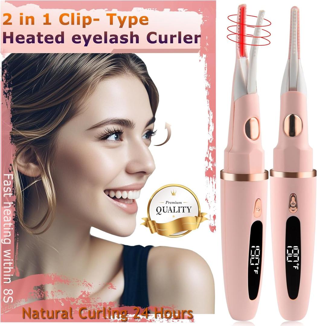 Heated Eyelash Curler - 2 in 1 Clip-Type, LED Display, 3 Temp Settings, USB Rechargeable, Natural Curling, 24H Long Lasting - Pink