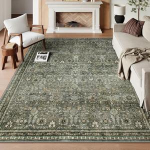Lahome Green 8x10 Rugs for Living Room, Boho Washable Area Rugs for Bedroom, Rubber Backed Non Slip Floor Carpets for Dining Room Home Apartment, Dark Olive Green