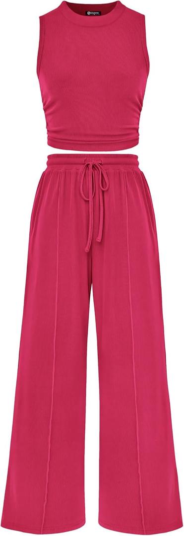 PRETTYGARDEN 2 Piece Sets for Women 2025 Summer Sleeveless Tank Ribbed Travel Beach Vacation Spring Lounge Wear Outfits (Small, Rose Red)