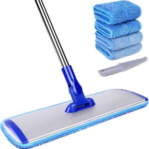 18" Professional Microfiber Mop Floor Cleaning System, Flat Mop with Stainless Steel Handle, 4 Reusable Washable Mop Pads, Wet and Dust Mopping for Hardwood, Vinyl, Laminate, Tile Cleaning (Blue)