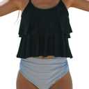 Beachsissi Women Two Layer Falbala Design Tankini Set High Waisted 2 Piece Swimsuit (Medium, Stripe)