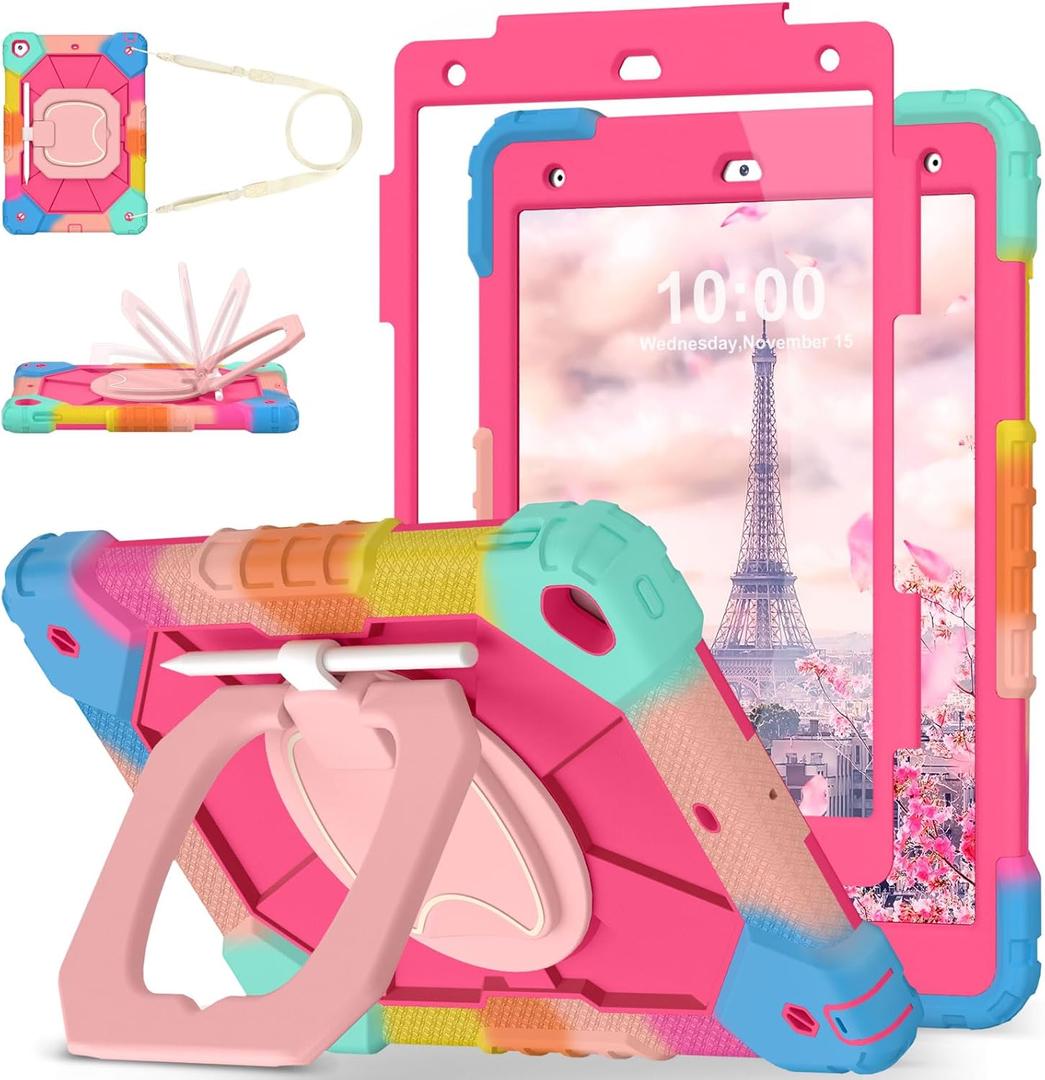 WESOROL Case for iPad 9th/8th/7th Generation 10.2 Inch iPad 9th Generation Case with Screen Protector Rotating Stand Pencil Holder Heavy Duty Shockproof Cover for 9th Gen iPad Case,Colorful Pink