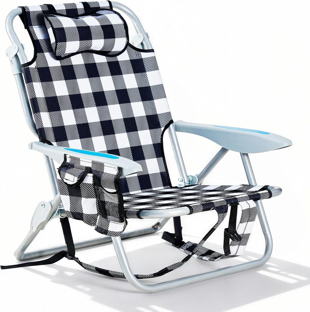 Portable Beach Chair for Adults, Outdoor Camping Chair Lay Flat Folding Backpack Beach Reclining Chair with 5 Positions, Headrest, Cup Holder, Heavy Plaid, 20 inches x 20 inches x 30 inches