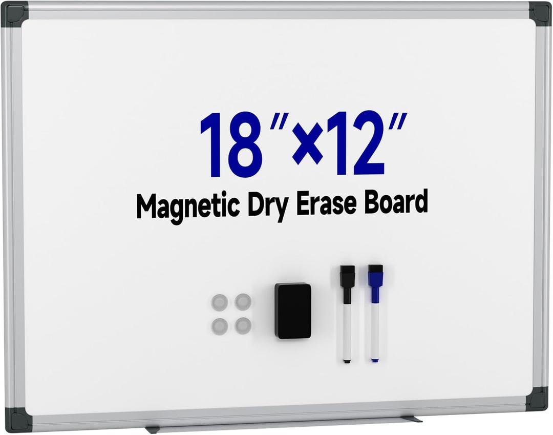 Magnetic White Board Hanging 18" x 12" for Wall, Small Dry Erase Board for Kids, Kitchen, Office, Includes 1 Eraser, 2 Markers, 4 Magnets, Pen Tray, Silver Aluminum Frame