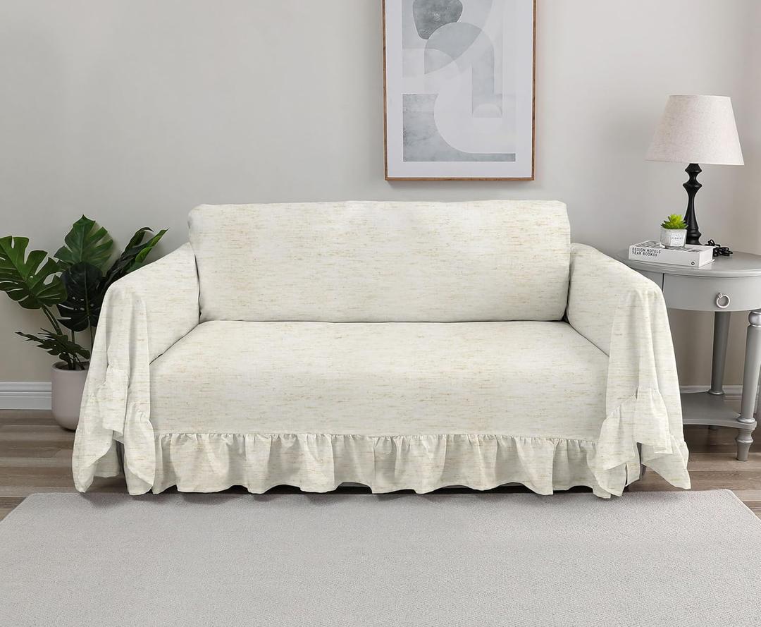 Rustic Linen Sofa Cover with Tie Strings, Full Couch Protector Durable Throw Slipcover Ruffled Edge (Natural, Sofa)