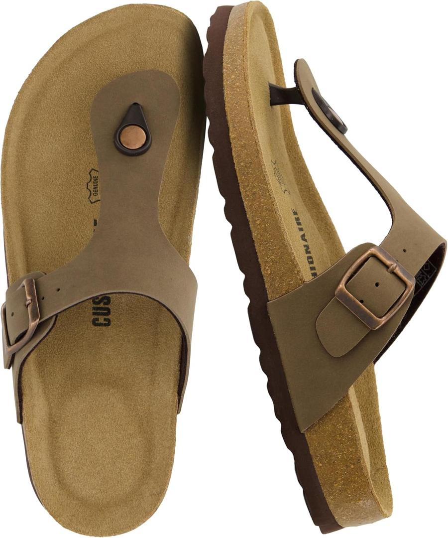 CUSHIONAIRE Leah Thong Womens Sandals - Cork Footbed Flip Flops for Women with Memory Foam and Adjustable Buckle Strap (10 Wide, Brown)