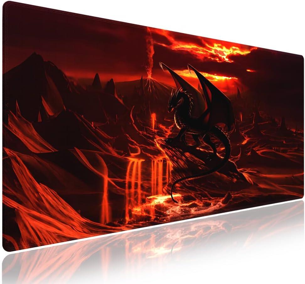 knseva. Large Gaming Mouse Pad with Stitched Edges, Dragon's Lair The Crimson Inferno, Anti-Slip Rubber Base & Smooth Fabric Surface XXL Extended Desk Mat