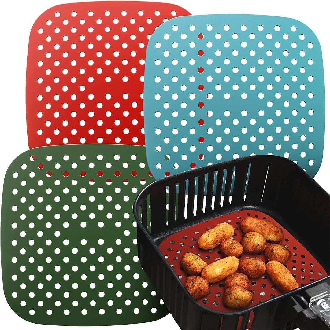 Reusable Square Silicone Air Fryer Liners (7.5 Inch, 3 Pack) by Lindas Essentials - Non-Stick, Easy-Clean Accessories with Cheat Sheet & Recipe Book, Perfect for Quick Meals