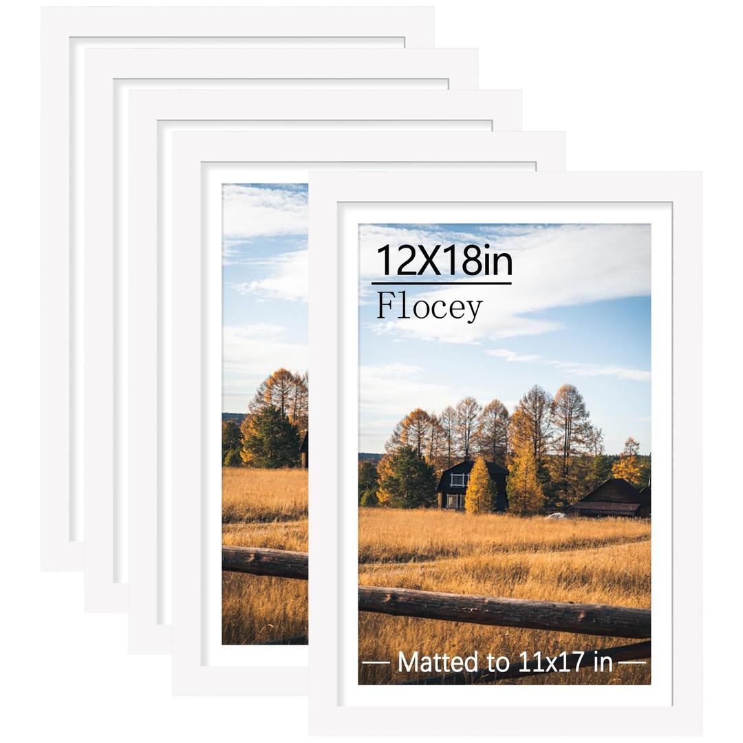 Flocey 12x18 Picture Frame Set of 5, White Poster Frame, Display Pictures 12 x 18 Without Mat for Horizontal or Vertical Wall Mounting, Wall Gallery Frame