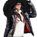 Aofur Womens Ladies Quilted Winter Coat Fur Collar Hooded Down Jacket Parka Outerwear (Large, Black_Black Fur) (Black, L)