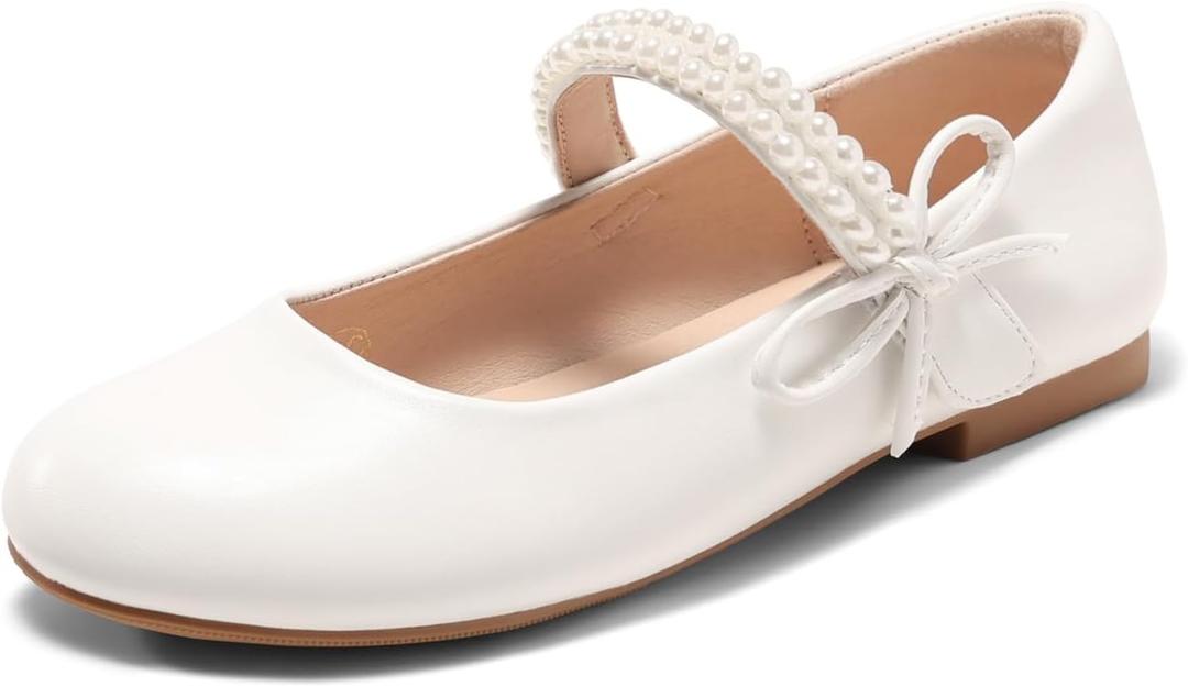 Coutgo Girls Mary Jane Dress Shoes Girl Flower Shoes Bow Pearls Ballet Flats Princess Wedding Shoes, 3Y