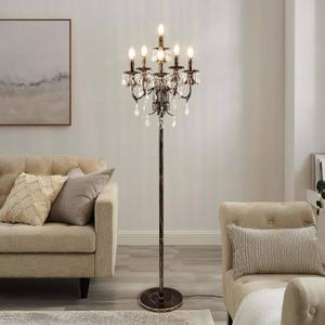 Wellmet Bronze Floor Lamp for Living Room Corner, 6 Lights Farmhouse Standing Lamp, Tall Crystal Floor Lamp with Foot Switch for Office, Reading Room, Bedroom (E12 Base)