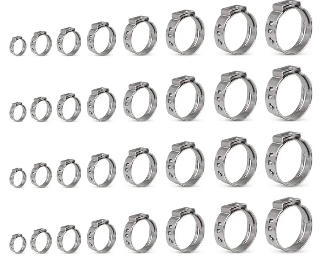 IEUYO Single Ear Clamps Assortment Kit, StepLess Clamps, Pex Pinch Ring Clamp for Securing Pipe Hoses and Automotive Use 304 Stainless Steel 3/8"-1" (7.8mm-25.6mm) 120Pcs/8Sizes