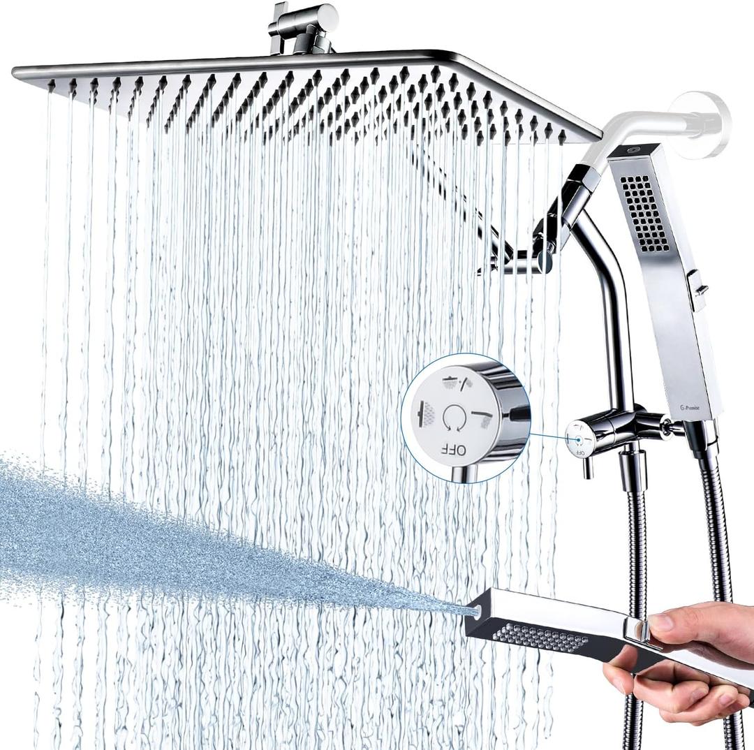 G-Promise All Metal 14 Inches Rain Shower Head with Handheld Built-in Power Wash Mode, 3-way Shower Diverter with Pause Setting, 11 Inches Adjustable Extension Arm, Long Hose (Chrome, 14 Inches)