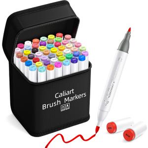 Caliart 51 Colors Brush & Fine Alcohol Markers for Adult Coloring Book, Dual Tip Artist Sketch Art Markers, Aesthetic Cute Preppy Stuff School Supplies, Pens for Lettering Drawing Cards Planner