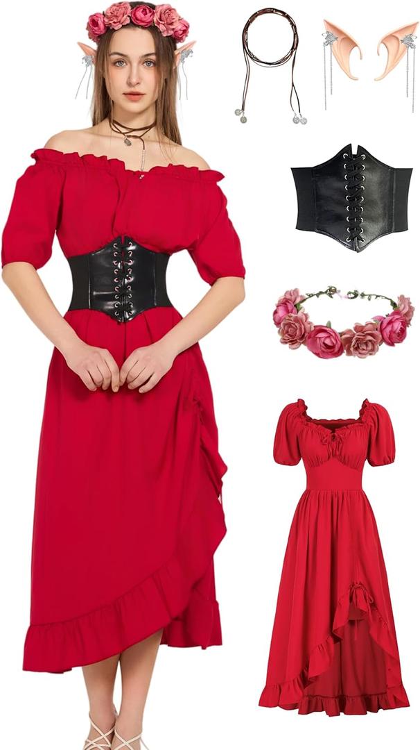 Renaissance Costume Women Ren Faire Outfit Cottage Core Medieval Corset Green Red Dress With Accessories 5PCS (Size Small)