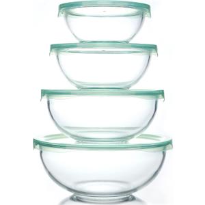 WhiteRhino Glass Mixing Bowl with Lids Set of 4,(1,1.5,2.5,3.7) Large Salad Bowl,Space-Saving Stacking Bowl for Kitchen Food Storage,Glass bowl for Cooking,Baking