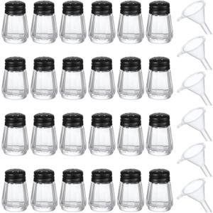 Potchen Mini Salt and Pepper Shakers Bulk 0.5 oz Small Cube Clear Glass Spice Saleros Shaker with Plastic Mini Funnels for Wedding Kitchen Restaurant Travel Camp Party (Black)