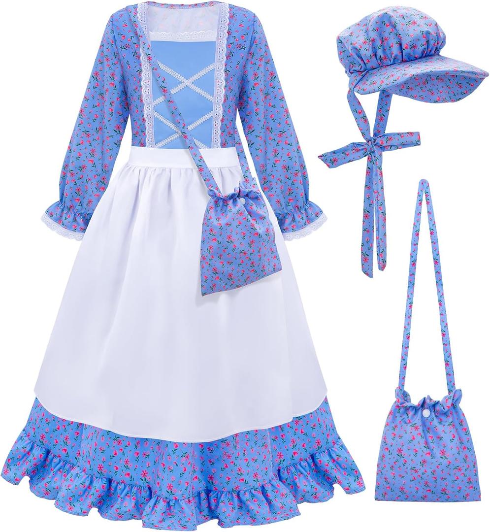 Meland Pioneer Dress for Girls - Colonial Floral Costume with Bonnet, Apron & Purse, Pionner Outfit for Girls 3-10 Years (7-8 Years, Blue)