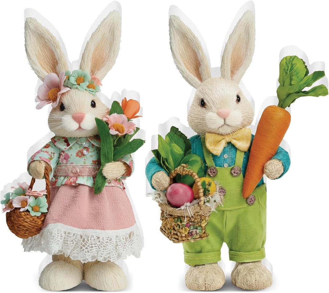 DoubleFill 2 Pcs Easter Bunny Figurine Easter Wooden Bunny Figurines Table Decoration for Spring Gifts Home Office Centerpiece Decor Party Supplies