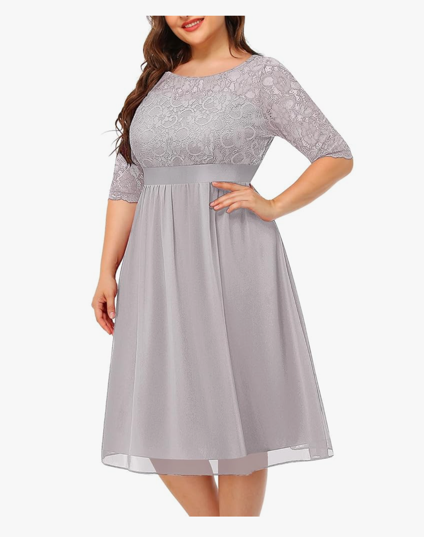 Pinup Fashion Plus Size Black Dress Funeral Wedding Guest Lace Chiffon Short Formal Cocktail Party Midi Dress Women 18W Grey