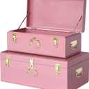 Vixdonos Decorative Large Metal Box Storage Trunk Chest Set of 2 College Dorm Organizer with Hardware Hasps and Handle for Home Deocr,23.7X14.2X9.5 Inches,Deep Pink