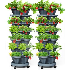 7 Tiered Strawberry Vertical Planter 2 Pack, Stackable Tower Garden Planter Herb Garden Planter with Movable Casters and Bottom Saucer Indoor and Outdoor - Dark Grey (7 Tier-2 Pack)