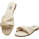 Trary Women's Leather Slides, Comfortable Memory Foam Sandals, Fashion Flat Summer Sandals, Beige, Size 10