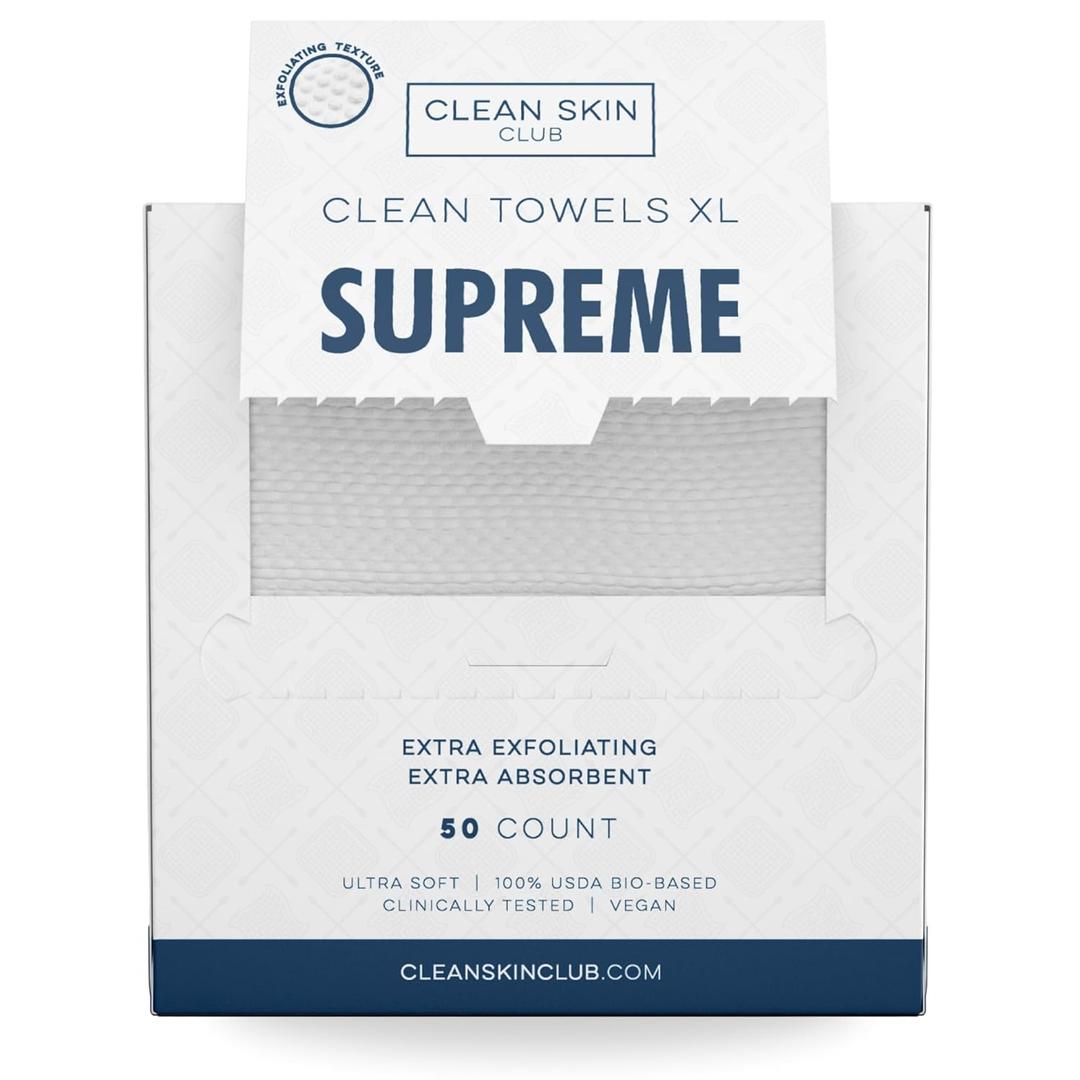 Clean Skin Club Clean Towels XL Supreme, 100% USDA Biobased Face Towel, Disposable Face Towelette, Eczema Association Accepted, Makeup Remover Dry Wipes, Ultra Soft, 50 Ct, 1 Pack