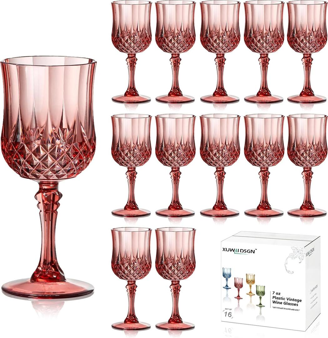 XUWAIDSGN 7oz Plastic Vintage Rose Gold Drinking Glasses Pink Wine Glasses Unbreakable Wedding Glassware Crystal Water Goblets Reusable Drinkware Vintage Champagne Flutes (16, Rose Gold) (2.75 in x 7 in)