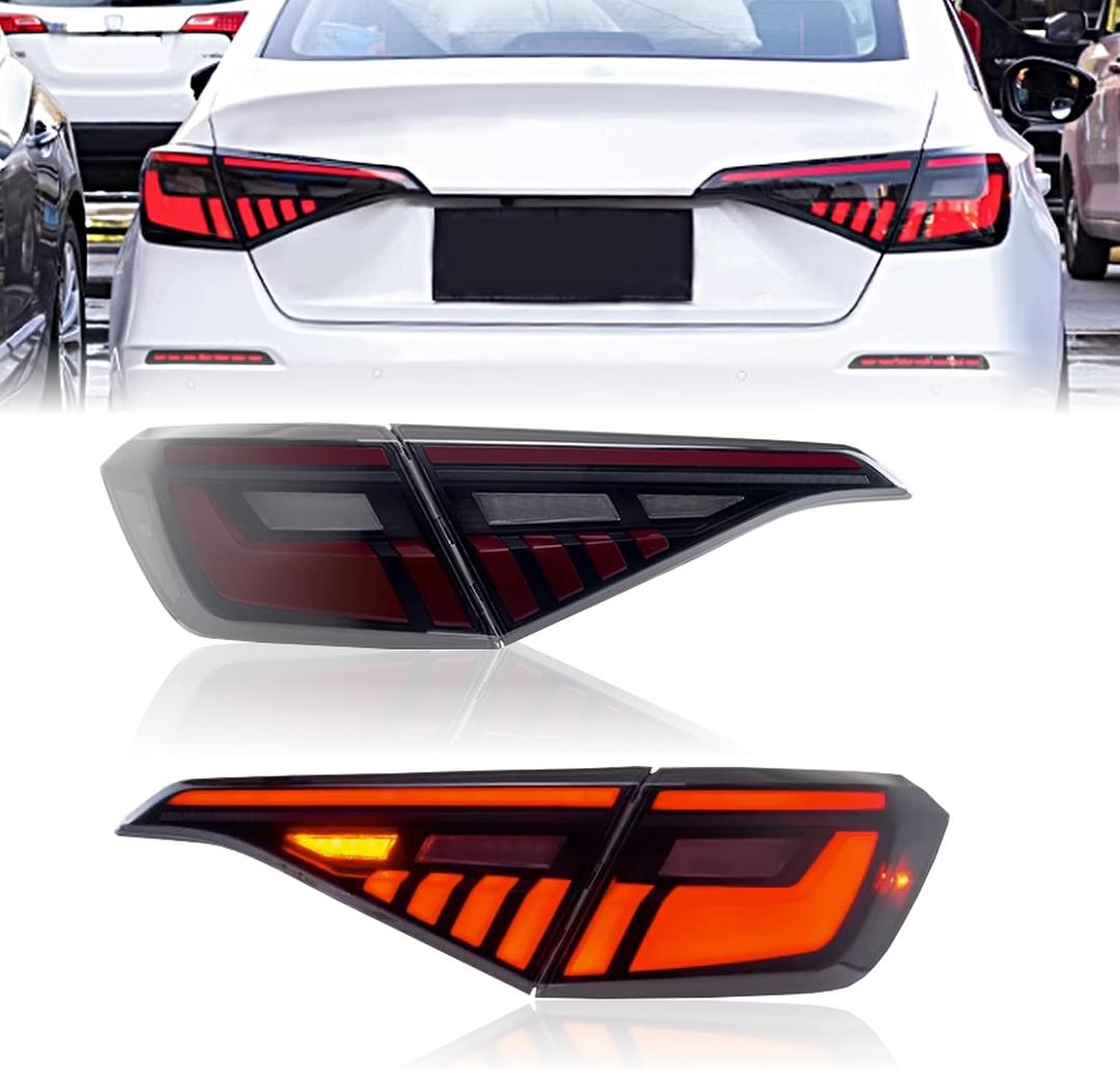 Tail Lights Assembly for Honda Civic 11th Gen 2022 2023 2024, Smoked Len LED Taillight Assembly Fit for 11th Gen Civic Sedan Rear Lamp with Animation DRL Sequential Indicator(Red)