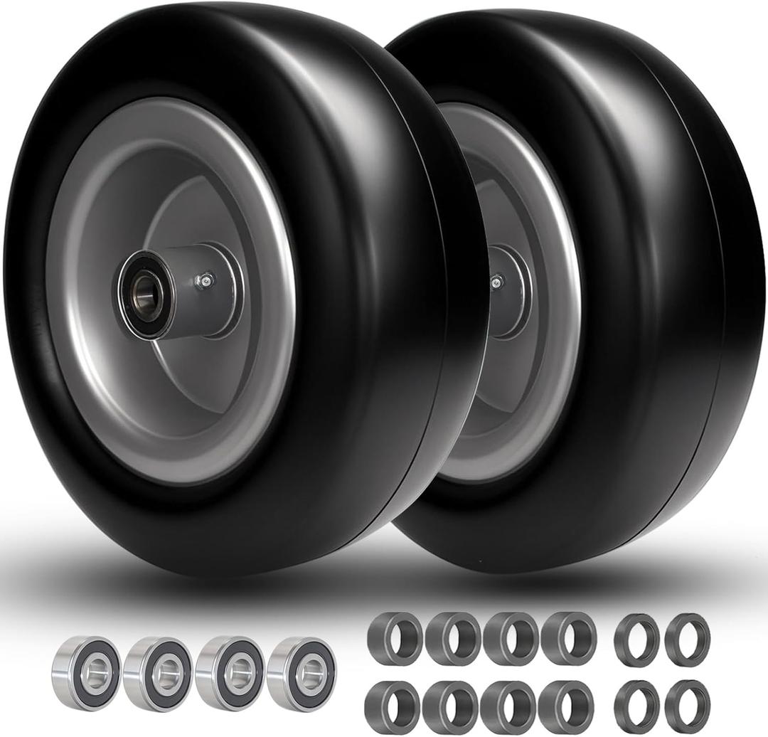 13x5.00-6 Flat Free Tire and Wheel, 13x5-6 Lawn Mower Tires, Zero Turn Front Tires, with 3/4" or 5/8" Bearings, 4"-6" Centered Hub, 13x500-6 Airless Solid Smooth Tire, 2 Pcs (13x5.00-6 Flat Free(Smooth Tread))