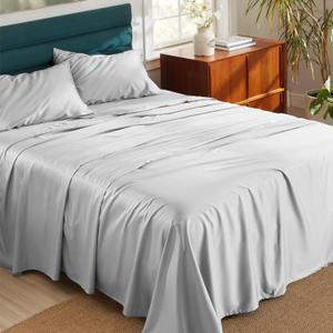 Bedsure Cooling Sheets Queen - Lyocell Cotton Sheet Set, GentleSoft, Silky & Breathable Eucalyptus Bed Sheets with Deep Pocket, 4 Pieces, Luxury Hotel Bedding, Grey