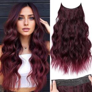 KooKaStyle Invisible Wire Hair Extensions with Transparent Headband Adjustable Size 4 Secure Clips Long Wavy Hairpiece 20 Inch Ombre Burgundy mix Black for Women