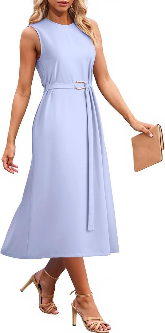 Dokotoo Womens Summer Dresses 2026 Sleeveless Crewneck Gold Buckle Tie Belt Back Slit Casual Elegant Midi Dress