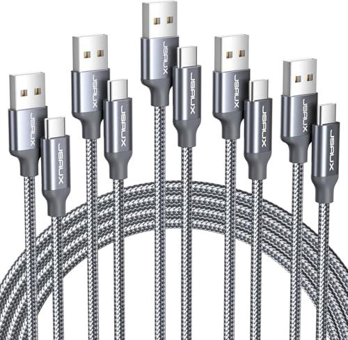 JSAUX USB A to USB C Cable [5-Pack, 3.3FT], USB to Type C Charger Cord Fast Charging Compatible with iPhone 16/15 Series, Galaxy S20/S10/S10+/S9, Note 20/10, Moto G, LG - Grey