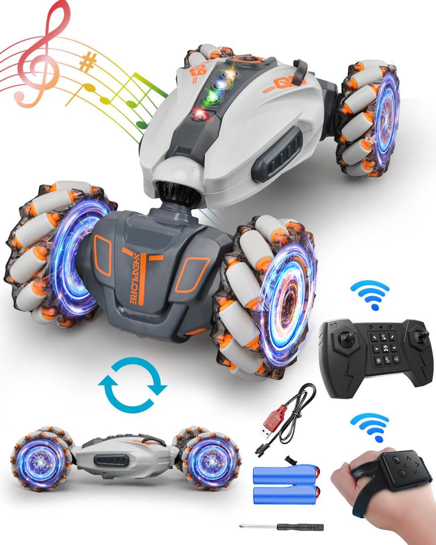 RC Stunt Car,2.4GHz 4WD Remote Control Gesture Sensing Toy Cars,Double Sided Driving,360 °Rotation,Off Road Vehicle,Hand Controlled RC Car with Lights&Music, Birthday Gifts for Boys&Girls(Gray)