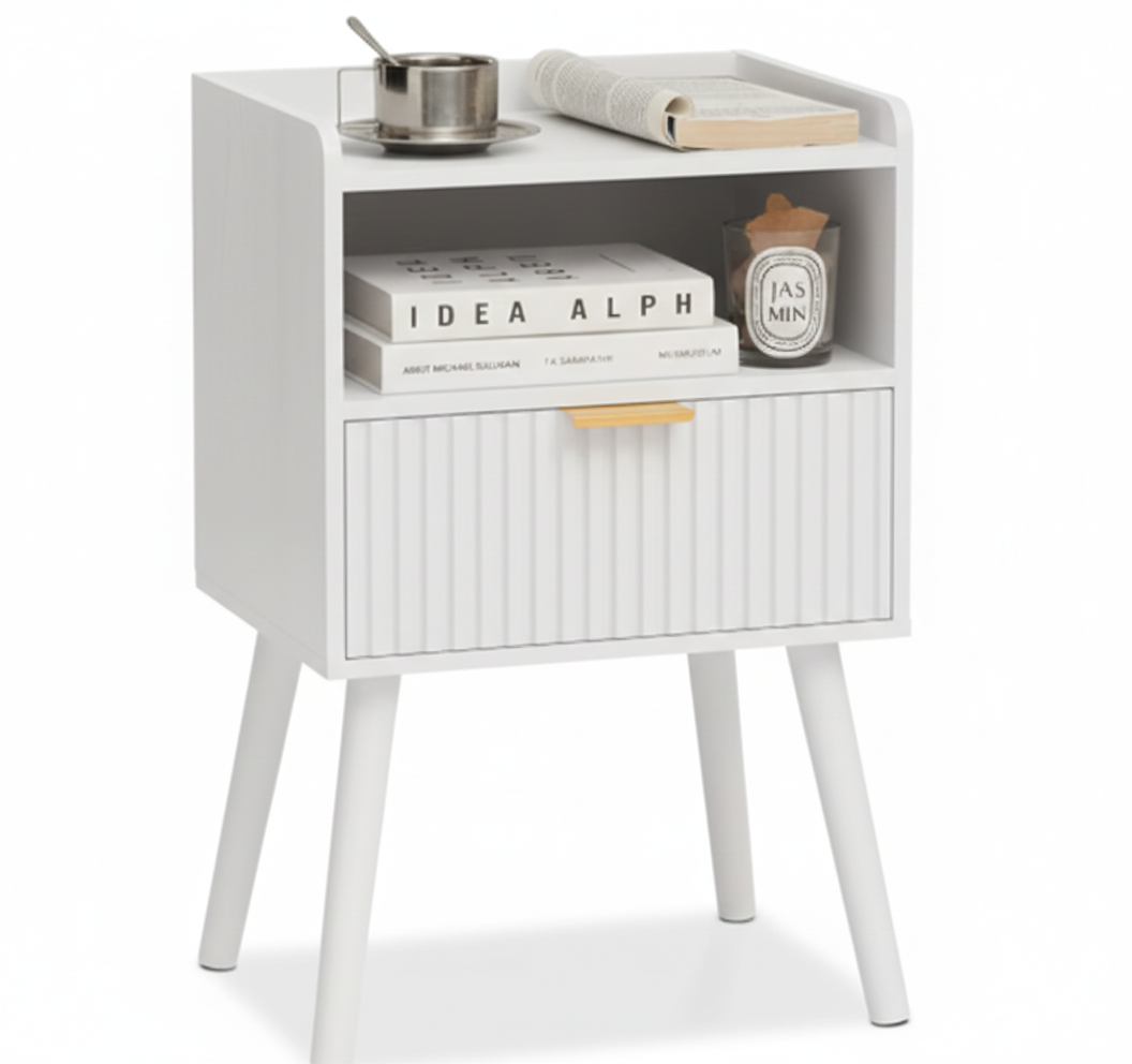AWASEN Black Fluted Nightstand, Modern Bedside Table with Storage Drawers, Small Night Stand Bed Side Table with Solid Wood for Living Room, Bedroom, Office and Small Space (White)