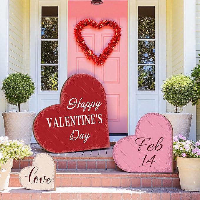 Burbell 3 Piece Valentines Decorations Outdoor Large Heart Wooden Porch Signs Valentines Wood Love Ornaments Sign for Front Door Home Farmhouse Garden Patio Wedding(Classic Style)