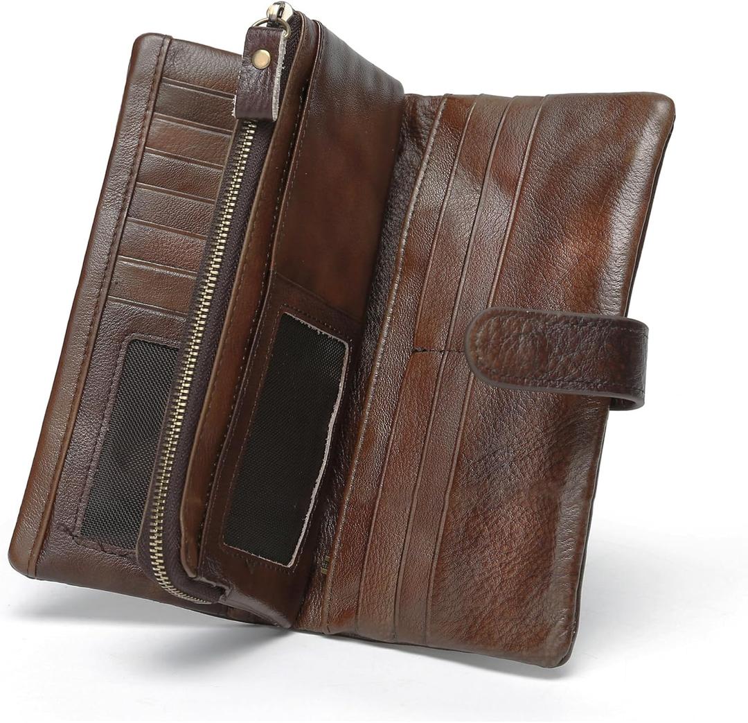 Women's RFID Blocking Genuine Leather Wallet Vintage Hand Rubbing Wallets Organizer | RFID Blocking, Vintage, Hand Rubbing, Organizer