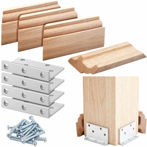 Blulu 1 Set 5" Newel Post Mounting Kit 4 Pcs L Bracket Metal Post Anchor with 4 Pcs Wooden Trim Deck Base Fasteners for Fastening Handrails Balustrades to Stairs and Floors