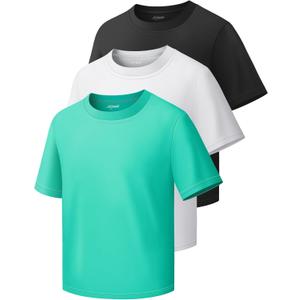 Boys Shirts Athletic Dry Fit Neon T Shirts Short Sleeve Kids Youth Moisture Wicking Quick Dry Sports Training Performance Tee (7-8 Years, 3pack-lake Blue/Black/White7495)