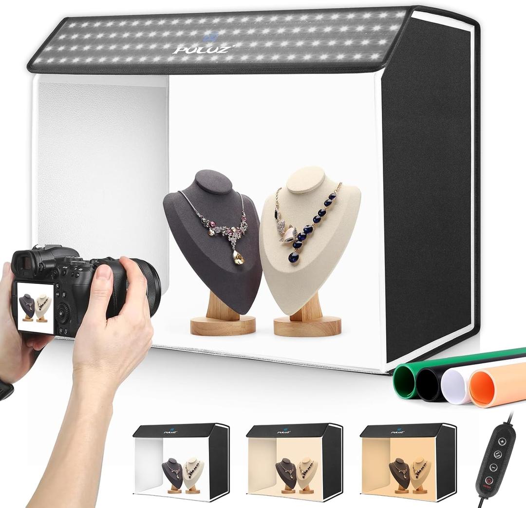 PULUZ 24x16 inch Photo Box, Large Photo Studio Light Box Photography, Professional 3000-6500k Dimmable Shooting Tent Kit with 672 LED Lights & 4 Backdrop for Jewelry and Food Product Photography