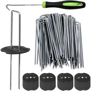 50Pcs Garden Stakes Staples + 50Pcs Gasket, Bakulyor 6 Inch Lawn Landscape Staples 11 Gauge U Shaped Galvanized Landscape Pins, Heavy Duty Yard Ground Pin for Weed Barrier Sod Fabric Decorations - 6"