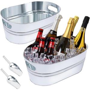 2 Pack Galvanized Ice Bucket 4 Gallon Galvanized Tub Ice Bucket for Parties Metal Beverage Buckets with Handles Beer Champagne Vintage Buckets for Cocktails Mimosa Bar Supplies with Scoops (Silver)