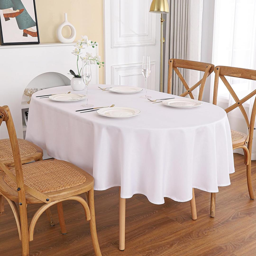 White Oval Tablecloth, 60 x 84 Inch, Stain and Wrinkle Resistant Machine Washable Polyester Table Cloth, Fabric Table Cover for Dining Buffet Party and Outdoor Table