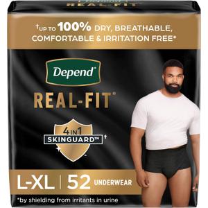 Depend Real Fit Incontinence Underwear for Men, Disposable, Maximum Absorbency, Large/Extra Large, Black, 52 Count (2 packs of 26) (Large/X-Large (Black))
