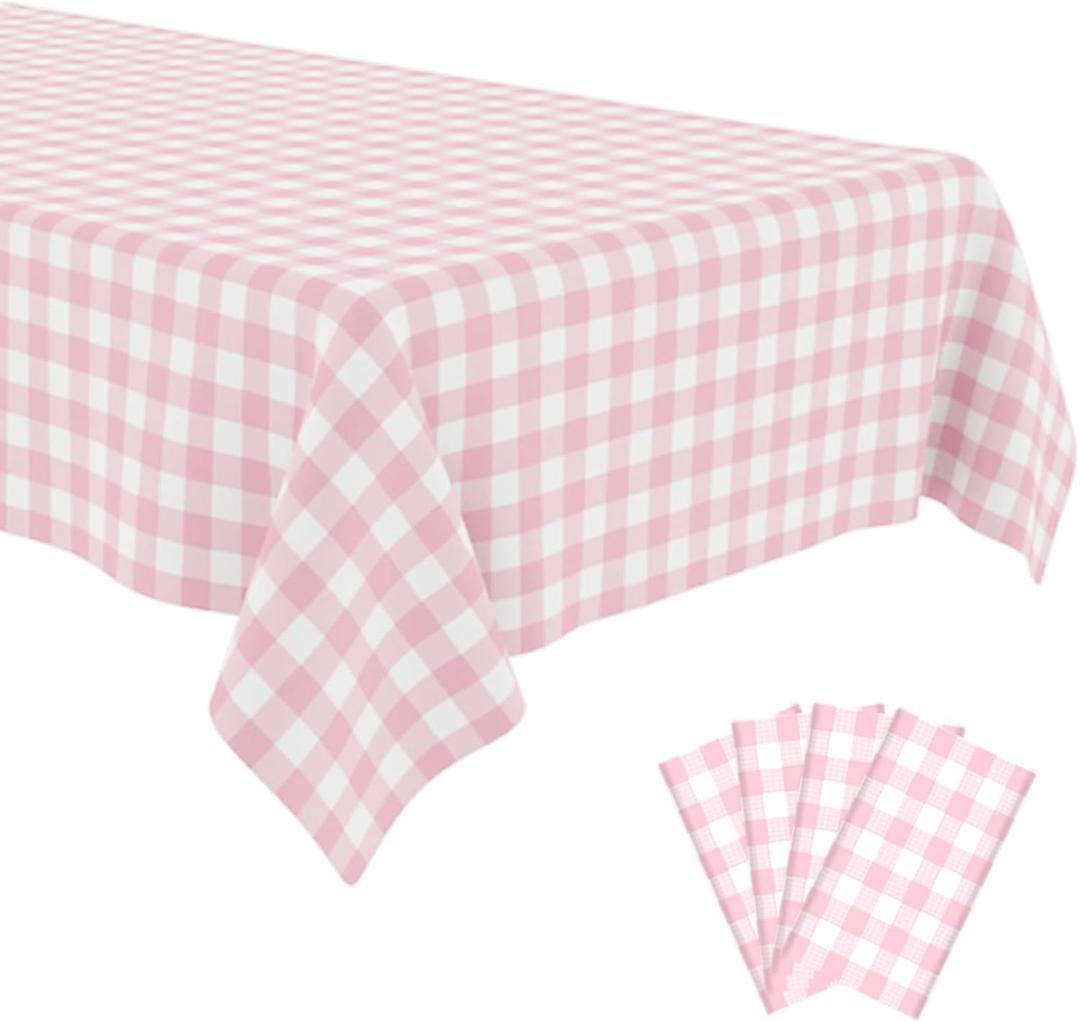 4 Pack Pink and White Checkered Tablecloth Pink Checkered Flag Tablecloth, Disposable Plastic Gingham Table Cover for Parties, Race Car Birthday Party, Birthday, Outdoor Picnic, 54 108 Inch