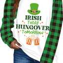 TMSD Women Saint Patrick's Day Sweatshirt Long Sleeve Irish Shamrock Crew Neck Shirt Green Plaid, XL